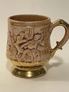 Vintage 1970 German Scene Mug Ceramic Gold Pedestal Base & Handle Signed - Picture 1 of 10