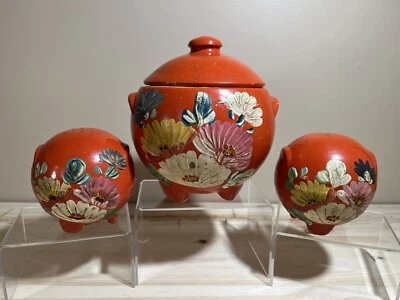 Tarro de galletas Ransburg de colección de los años 30 y coctelera de sal/pimienta flores pintadas a mano naranja Foto 1 de 4