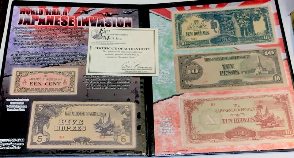 WWII Japanese Invasion Money Album with History & Five Actual Invasion Notes COA - Image 1 of 4
