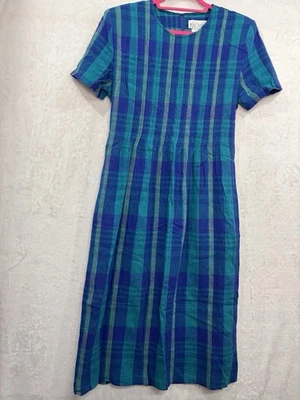 Vintage Miss Dorby Plaid Pin Tucked Linen Blend Dress 12 Petite Blue Waist Tie - Image 1 of 4