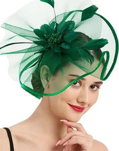 Tea Party Fascinator Hats for Womens 50s Floral Feather One Size, Grass Green - Picture 1 of 7