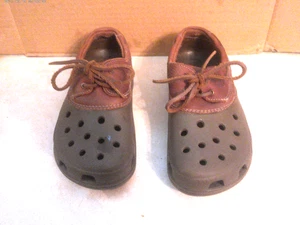 CROCS WOMENS 8 MENS 6 ISLANDER PIT CREW LEATHER BOAT DECK SHOES LACE UP BROWN VG - Picture 1 of 7