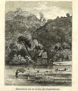 CHANTHABURI ( จันทบุรี ) HABITATION SUR LA RIVIERE / GRAVURE ENGRAVING 1866 - Foto 1 di 1