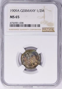 Germany 1909 A Silver 1/2 Mark NGC MS65 Nicely Toned - Picture 1 of 3