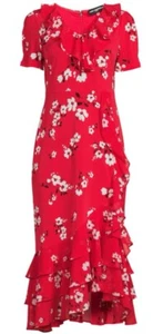 KARL LAGERFELD PARIS Red Floral Ruffled Dress Size 16 Short Sleeves NEW V-neck - Picture 1 of 14