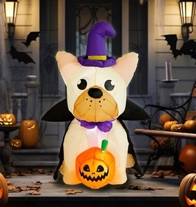 French Bulldog Halloween Witch Hat & Cape 5Ft Outdoor Yard Inflatable LED NIB - Picture 1 of 10