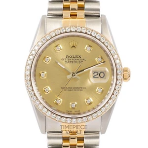 ROLEX DATEJUST 16233 GOLD STEEL 36MM CHAMPAGNE DIAMOND DIAL DIAMOND BEZEL B+P - Picture 1 of 10