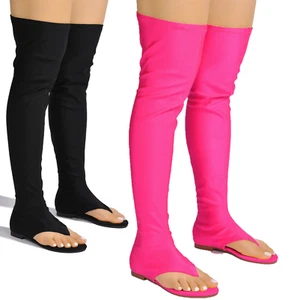 Jazzy Fuchsia Pink Or  Black Lycra Thigh High Stretch Thong Style Sandal Boots - Picture 1 of 7