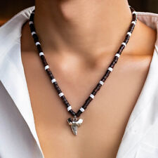 Shark Tooth Surfer Necklace For Men - Tribal Wood Beads, Adjustable 18"+2.7"