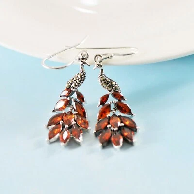 Pendientes colgantes de plata esterlina pura S925 con circón rojo de la suerte de regalo para mujer  Foto 1 de 4