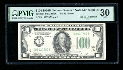 DBR 1934-B $100 Minneapolis Vinson Fr. 2154-I PMG 30 Serial I01039707A - Image 1 of 2