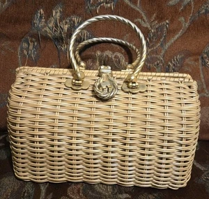 Vintage Vinyl überzogene gewebte Handtasche mit Messinggriffen und Knebelverschluss - Bild 1 von 5