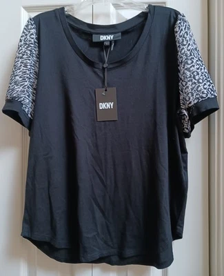 NWT DKNY Women's short sleeve black shirt with sheer black/white sleeves sz M - Image 1 of 3