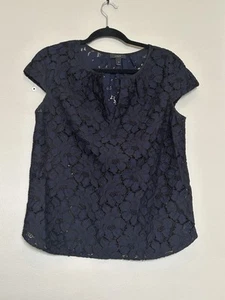 J. Crew Flower Lace Cap Sleeve Blouse Top SZ 10 Navy V Neck Pullover Preppy Boho - Picture 1 of 9