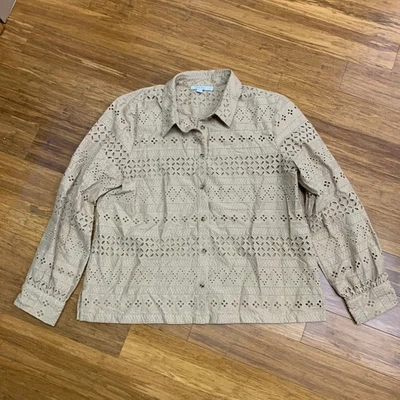 Chicos Eyelet Cotton Button Down Shirt Tan Long Sleeve Collared Women Size 12 - Image 1 of 4