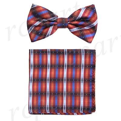 Nova gravata borboleta masculina pré-amarrada e lenço listras de ferrugem azul listrado casamento formal  - Imagem 1 de 3