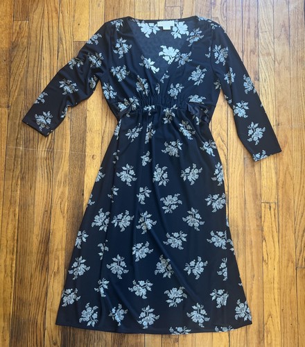 Abito MICHAEL KORS EUC nero stampa floreale scollo a V pullover elasticizzato XL SPEDIZIONE GRATUITA