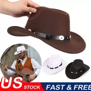 NUOVO Fedora Cappello Feltro Panama Berretto Jazz Classico Tesa Larga Cintura Fibbia Chiesa Cowboy - Foto 1 di 16