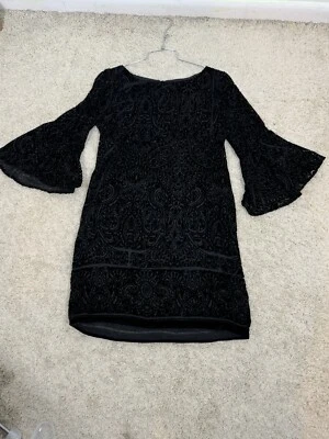 Tiana B Paisley Velvet Sheath Dress Bell Sleeves Boho Gypsy Goth Witchy Size 4P - Image 1 of 4