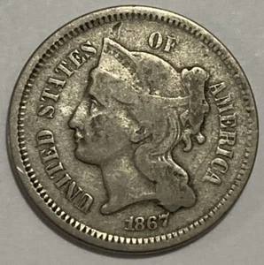 1867 - US 3 Cent Nickel - Exact Coin Imaged #3C6 - Picture 1 of 2
