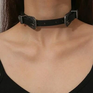 Collana girocollo nera Western Southwestern doppia fibbia in pelle PU nuova - Foto 1 di 4