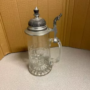 Vintage Glass Beer Stein with Ornate Pewter Lid Crystal Cut Design - Picture 1 of 6