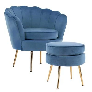 Armchair Lounge Chair Accent Velvet Shell Scallop + Ottoman Footstool Round NAVY - Picture 1 of 12