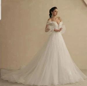 Ivory Champagne Puff Sleeves Bridal A Line Off Shoulder Wedding dress size 6-16 - Picture 1 of 5