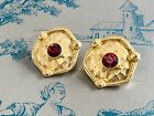 Vintage 1980s Gold Plated Hammered Earrings Made with Swarovski Crystals Red BN