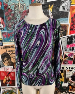 Vintage 60s 70s Purple Psychedelic Abstract Print Mod Long Sleeve Top PXS - Picture 1 of 12
