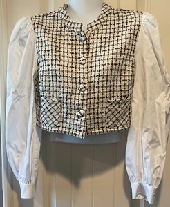 Top Zara Negro Blanco Cuadros Algodón Manga Larga Botón - Pequeño - Nuevo con Etiquetas $49 - Imagen 1 de 2