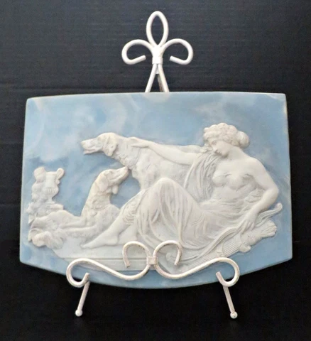 Vtg Art Nouveau Incolay Stone Plaque Relief Blue White Goddess Diana Hunter Dog Cover
