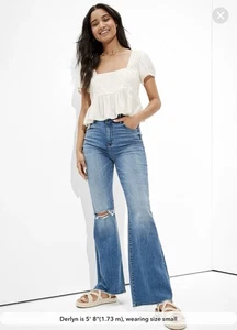 American Eagle Outfitters cremefarben bestickt kurz geschnitten Babydoll Oberteil Y2K-Stil - Bild 1 von 8