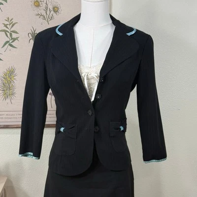 Vintage 90s Y2k Black Pinstripe Blue Trim Flower Button Blazer Jacket Corpcore 5 - Image 1 of 4