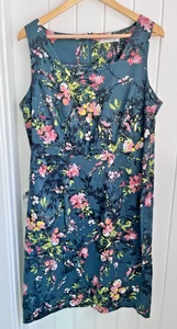George UK 20 Floral Square Neck Sleeveless Stretch Knee Length Dress Green 035 - Picture 1 of 14