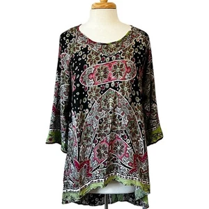 Lola P Damen L Boho Hippie Tunika Oberteil Blumen Ikat Rollriegel Ärmel Hi-Lo - Bild 1 von 10
