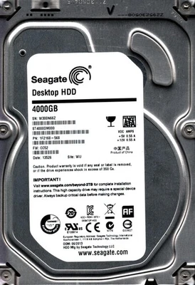 ST4000DM000 P/N: 1F2168-568 F/W: CC52 S/N: W300 WU 4TB JUN 2013 CHINA SEAGATE - Image 1 of 2