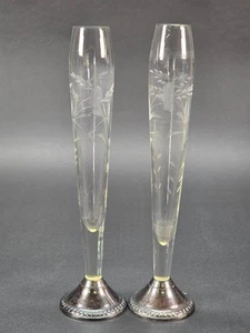 Duchin Creations 10" Etched Slender Vases With Weighted Sterling Base, Pair - Picture 1 of 12