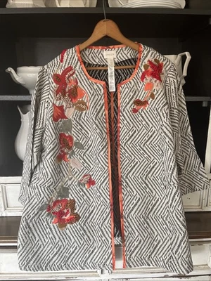 Куртка Chico's Artisan Applique с цветочной вышивкой 3/4 рукава открытая спереди размер 4 - Изображение 1 из 4