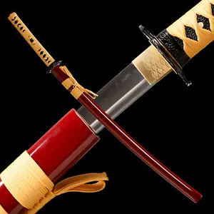 T10 Steel Clay Tempered Real Hamon Japanese Samurai Sword Full Tang Red Saya - Picture 1 of 10