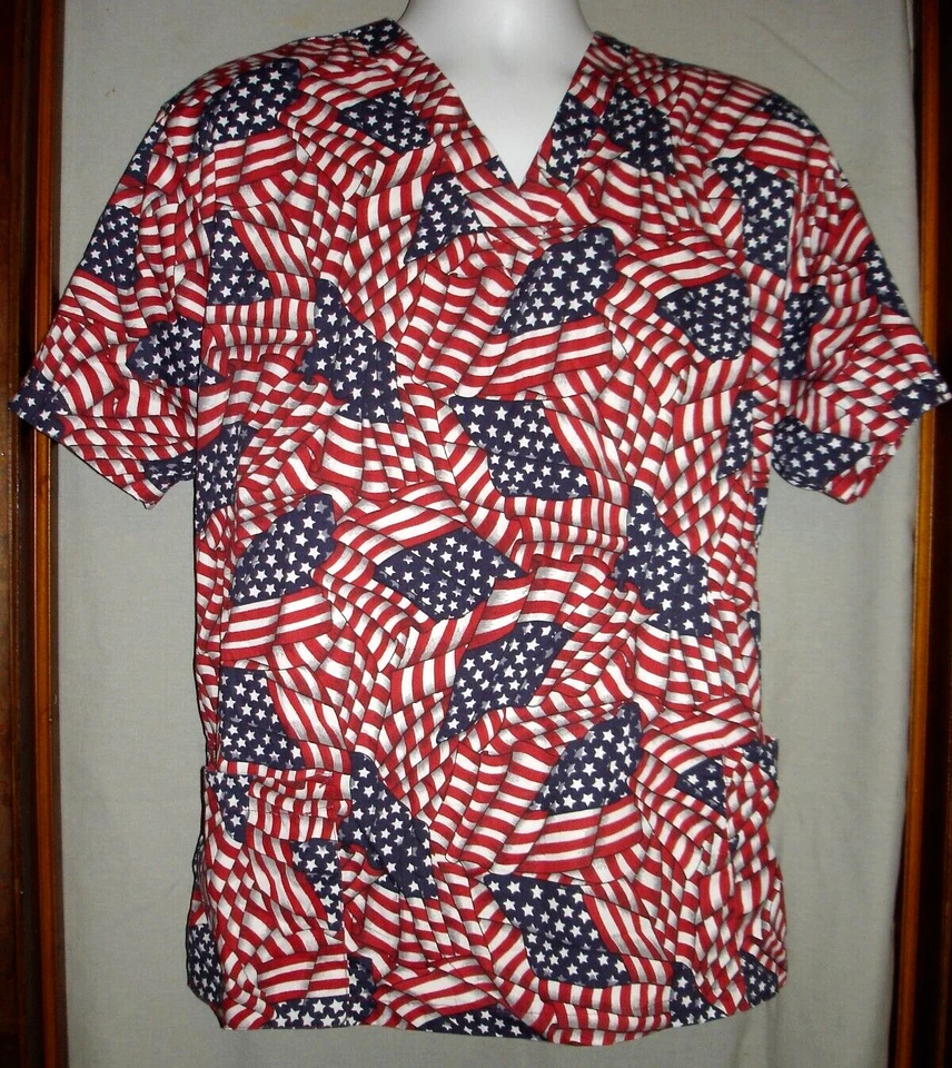 Natural Uniforms Womens Patriotic Scrub Top V-Neck Short Sleeve Size S - Image 1 of 1