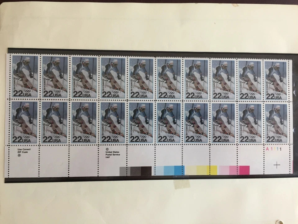 Scott 2369, $.22, 1988 Winter Olympics, Calgary, skiing, plate block of 20, MNH - Image 1 of 1