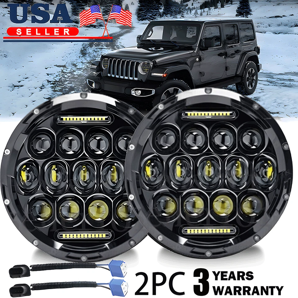 For Jeep Wrangler JK LJ TJ Pair 7" Round Led Headlights Hi-Lo Sealed Beam Newest — 第 1/4 张图片