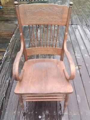 Antique 1800's Amish Oak  Spindle Press Back Chair Bent Wood Arms - Image 1 of 2
