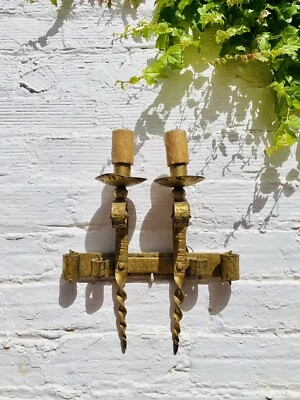 Antique Spanish Wall Sconces, 14" L x 13" W, Gilt, Gold, Wrought Iron, Gothic - Image 1 of 4