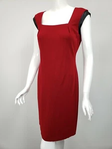 Vestido LAFAYETTE 148 Rojo Profundo Tejido Negro Cuero Sintético Borde Cuello Cuadrado Talla 4 - Imagen 1 de 3