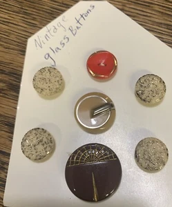 Lot 7 VINTAGE Red Brown Tan White Speckled Small Glass BUTTONs On Card - Picture 1 of 4