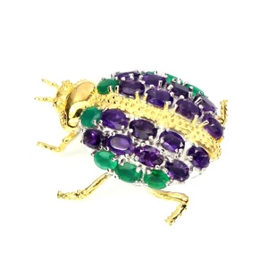 Amethyst & Emerald Green Aventurine Scarab Beetle Ladybug Brooch 14K on Sterling - Picture 1 of 18