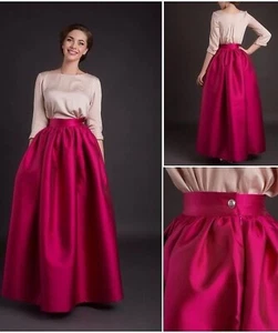 Women Long Pink Taffeta Skirt With Two Pocket Every Occasion Pleated Party Wear - Picture 1 of 4