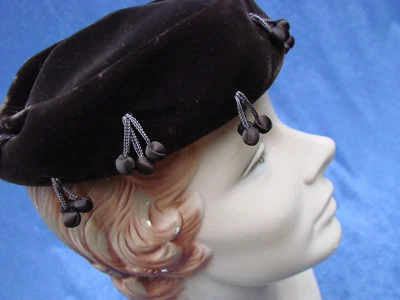 Vintage 50s Hat Cap Brown Velvet DANGLERS VGC Toque  - Image 1 of 4